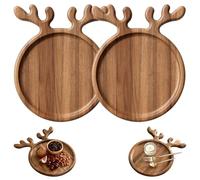 Christmas Deer Antler Wooden Dinner Plate - Xmas Deer-Shaped Wood Serving Tray, Round Food Dish & Festive Party Table Decoration Tableware (c-2pcs) 15x20cm + 20x26cm