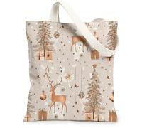 Christmas Deer Canvas Tote Bags, Rustic Animal Pattern Reusable Grocery Bags, Winter Vintage Washable Shoulder Strap Canvas, Beige, 13x15 Inch