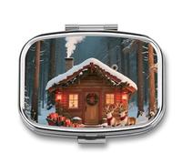 Christmas Deer Delivering Gifts Pill Case 2-Compartment Pill Organizer with Mirror- Portable Medicine Container for Purse & Travel, Small Medicine Box for Vitamins, Fish Oil, Supplements