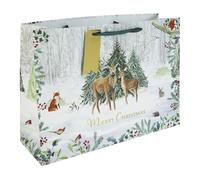 Christmas Deer Extra Large White Kraft Shopper Gift Bag 44cm - Festive Paper Present Bag with Ribbon Handles & Gold Name Tag