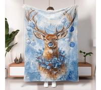 Christmas Deer Flannel Blanket, Blue Winter Woodland Stag Holiday Decor Throw Blanket, Cozy Soft Plush Warm Blanket for Sofa, Bed, All Seasons 60x80 Inch