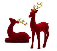 Christmas Deer | Flocked Reindeer Figures | 2 Pieces Standing Sitting Sculpture Red Green Aesthetic Moose for Party Bedside Table Fireplace Workplace Decoration