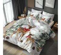 Christmas Deer King Duvet Cover Set 3 Piece with 2 Pillowcases, Forest Animal Snowing Patterned Bedroom Decor Bedding, Soft Microfibre Quilt Cover with Zip A&Q125