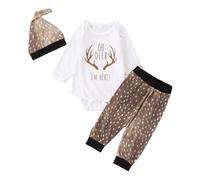 Christmas Deer Letter Cartoon Print Long Sleeve Romper and Casual Pants Set with Hat for Infant Toddler Boys Girls Santa Suit Baby Reindeer Outfit Kids Baby'S First
