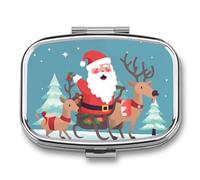 Christmas Deer Santa Claus Pill Box with 2 Compartments Portable Metal Medicine Organizer for Pocket Purse and Travel Compact Pill Case and Fish Oil Vitamins Supplements