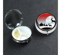 Christmas Deer Santa Claus silhouette Pill Box 3 Compartment Round Metal Pill Case for Purse & Pocket, Portable Medicine Organizer Travel Pillbox Daily Pill Container Holder to Hold Vitamins, Fish Oil