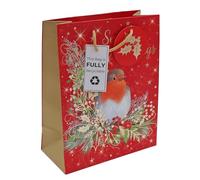 Christmas Design Gift Bag with Ribbon Handles - 26cm x 22cm x 10cm - Fully recyclable (Robin Seasons Greetings 8479)