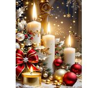 Christmas Diamond Painting Kits for Adults, Christmas Candles Diamond Art for Beginners, 5D Round Full Drill Winter Diamond Painting Gem Art Kits for Home Wall Decor 12x16inch