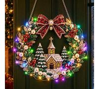 Christmas Diamond Painting Wreath Kit With LED String Lights (#O) | 9.84In Hanging Christmas Garland, DIY Pearl Diamond Pendant with Light Art Kit for Adults Door Wall Home Decor Gift