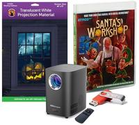 Christmas Digital Decoration Kit Includes AtmosFX Santa's Workshop with 5 Video Effects for Christmas Plus HD Super Bright Projector and 48” x 72” Holographic Projection Screen
