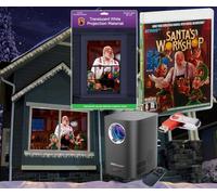 Christmas Digital Decoration Kit Includes AtmosFX Santa's Workshop with 5 Video Effects for Christmas Plus HD Super Bright Projector and 48” x 72” Holographic Projection Screen