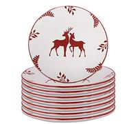 Christmas Dinner Plate Set of 8 - Hand Painted Red & White Reindeer Stoneware Crockery Dinner Service Dishwasher & Microwave Safe Christmas Plates Set Xmas Dinnerware Table Serving Plates