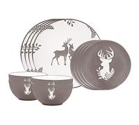 Christmas Dinner Set 12 Piece Grey Reindeer Crockery Set