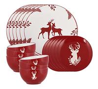 Christmas Dinner Set 18 Piece Red Reindeer Crockery - Dishwasher Microwave Safe