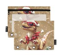 Christmas Dino Binder envelopes with Clear Window Pencil case with Zipper Reinforced Grommets Pocket folders for 3 for Storing School Office Supplies Multicolored 2 PCS