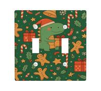Christmas Dinosaur Light Switch Cover Plates/Outlet Covers, Green Holiday Fun with Gifts and Candies, Thermoplastic Wall Plates, Standard Size Double Toggle