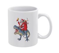 Christmas Dinosaur,Santa Riding Din, Santa White Ceramic Coffee Mug 11 Oz, Double-Sided Printed Tea Cup with Ergonomic C-Handle, Thickened Bottom Porcelain Drinkware for Home Office Kitchen, Novelty G