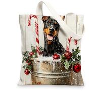 Christmas Doberman Dog Canvas Tote Bag for Shopping 13 * 15, Cute Xmas Wood Reusable Grocery Bag for Women, Pet Work Travel Pattern Gift Decor