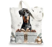Christmas Doberman Dog Canvas Tote Bag for Shopping 13 * 15, Luxury Xmas Gifts Reusable Grocery Shoulder Cloth Bag for Women, Pet Painting Gift Decor
