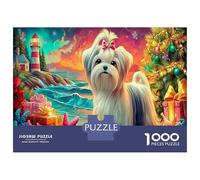 Christmas Dog 1000Pieces JigsawPuzzlesMaltese Dog Lighthouse Christmas ForAdults Challenging Brainteasing Age12+byth EducationalGame Uncover The Puzzle 38x26cm/1000pcs