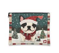 Christmas Dog Cosmetic Bag, Cute French Dogs Holiday Makeup Pouch for Women, Portable Canvas Zipper Organizer, Festive Winter Toiletry Case 7x9 Inch