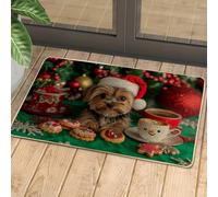 Christmas Dog Doormat, Cute Yorkshire Terrier Holiday Door Mat for Indoor & Outdoor Entrance Festive Decor, Non-Slip Weatherproof Dust Absorbent Front Mat, Easy Clean 29x17 Inch