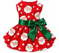Christmas Dog Dress, Stretchy Santa Print Outfit with Green Bow, X-Large | Soft stretchy milk silk fabric, fixed green satin bow and Santa print; chest 20 in, back 18 in