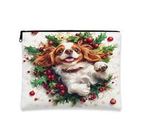 Christmas Dog Makeup Bag, Cute Cavalier King Charles Cosmetic Travel Pouch for Women, Portable Small Canvas Zipper Organizer, Holiday Toiletry Bag 7x9 Inch