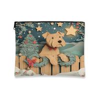 Christmas Dog Makeup Bag, Festive Woodland Holiday Cosmetic Pouch for Women, Portable Small Canvas Zipper Organizer, Winter Skincare Toiletry Bag 7x9 Inch