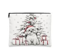 Christmas Dog Makeup Bag, Vintage Sketch Cosmetic Pouch for Women, Portable Canvas Zipper Organizer, Holiday Gift Toiletry Bag 7x9 Inch