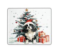 Christmas Dog Mouse Pad, Black White Cavalier King Charles Spaniel with Tree and Gifts, Rubber Non-Slip Washable Gaming Mousepad for Home and Office Square 8x10 Inch