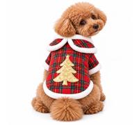 Christmas Dog Outfit Gold Tree Embroidery Fleece Lined Red Plaid Turn-Down Collar Winter Warm Pet Jacket Costume Santa Tree Bell Snowflakes for Small Medium Dogs Cats (Yellow Christmas Tree, S)