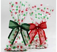 Christmas Dog Paw Print Holiday Cellophane Treat Party Favor Bags with Twist-Tie Organza Bow. Set of 10 Ready-to-Use, Gussetted 11x5x3 Goodie Bags with Red & Green Bows.