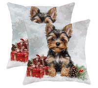 Christmas Dog Pillow Covers Set of 2, Cute Yorkshire Terrier Throw Pillows Case, Holiday Decorative Square Home Decor for Sofa Bed Couch 18x18 Inch