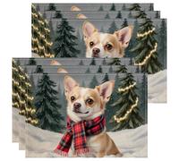 Christmas Dog Placemats, Winter Snowy Forest Decorative Place Mats for Dining Table, Holiday Non-Slip Washable Indoor Outdoor Kitchen Party Placemat Set of 6