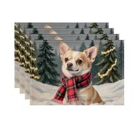 Christmas Dog Placemats, Winter Snowy Forest Decorative Place Mats for Dining Table, Holiday Non-Slip Washable Indoor Outdoor Kitchen Party Placemat Set of 4