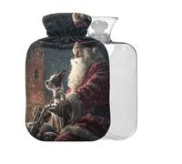 Christmas Dog Santa Black Print Hot Water Bottle with Cover 2L Large Warm Water Bag for Pain Relief Men Women