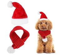 Christmas Dog Santa Hat and Scarf Set - Adjustable Winter Neck Warmer With White Pompom Ball - Costume for Cats and Small Dogs (39cm/15.4in)