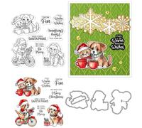 Christmas Dog Stamps and Die Cuts for Card Making Santa Hat Cup Transparent Silicone Clear Stamp and Metal Cutting Dies Sets for DIY Scrapbooking Paper Crafting Seals Decorative Supplies