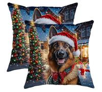 Christmas Dog Throw Pillow Covers, Festive German Shepherd Cushion Case, Winter Holiday Xmas Decoration Soft Velvet Covers for Home Sofa Bedroom Living Room 18x18 Inch