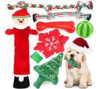 Christmas Dog Toys 8 Pack - Santa Squeaky Plush Chew for Puppy, Durable Interactive Rope for Teething, Treating Ball and Bone Rubber for Small Dogs