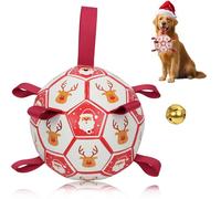 Christmas Dog Toys Balls with Straps, Interactive Dog Toys for Tug of War, 7Inch Santa Claus Reindeer Herding Dog Football Ball with a Bell, Durable Balls for all Dogs,Puppy Outdoor Toy Pet Ball