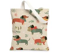 Christmas Dogs Canvas Tote Bags, Cute Animal Pattern Reusable Bags, Winter Vintage Washable Shoulder Strap for Outdoor Trav, Beige, 13x15 Inch