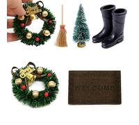 Christmas Doll House Accessories 5PCS/Set Christmas Miniature Ornaments Kit with Mini Garland, Broom, Boot, Door Mat and Xmas Tree for Miniature Decoration..