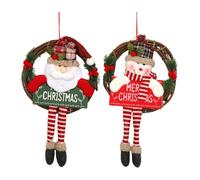 Christmas Doll Wreath, Xmas Reindeer Santa Snowman Plush Doll, Snowman Hanging Pendant Tree, Rattan Door Wreath Ring, Wall Hall Christmas Tree Decoration (Santa+Snowman-Long legs)