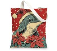 Christmas Dolphins Canvas Tote Bag for Shopping 13 * 15, Vintage Xmas Poinsettia Reusable Grocery Shoulder Cloth Bag for Women, Sealife Painting Gift Decor
