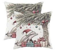 Christmas Dolphins Pillow Cases Kit of 2, Soft Xmas Tree Gifts Box Printing Throw Pillow Covers 16x16 Set, Sealife Velvet Home Decor for Couch Living Room Bed