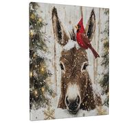 Christmas Donkey Canvas Art Wall Decor for Living Room, 1 Piece Xmas Cardinal Snowy Bathroom Wall Art, Big Small Animal Decorative Poster Office Bedroom 16 * 20
