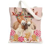 Christmas Donkey Canvas Tote Bags, Cute Animal Pattern Reusable Bags, Winter Lightweight Washable Shoulder Strap Canvas for, Peach, 13x15 Inch