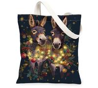 Christmas Donkey Canvas Tote Bags, Floral Animal Design Reusable Bags, Winter Lightweight Washable Shoulder Strap Canvas for Travel Picnic 13x15 Inch